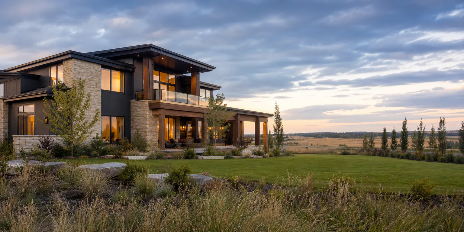 Editorial image — a custom acreage estate home with detached outbuilding at blue hour
