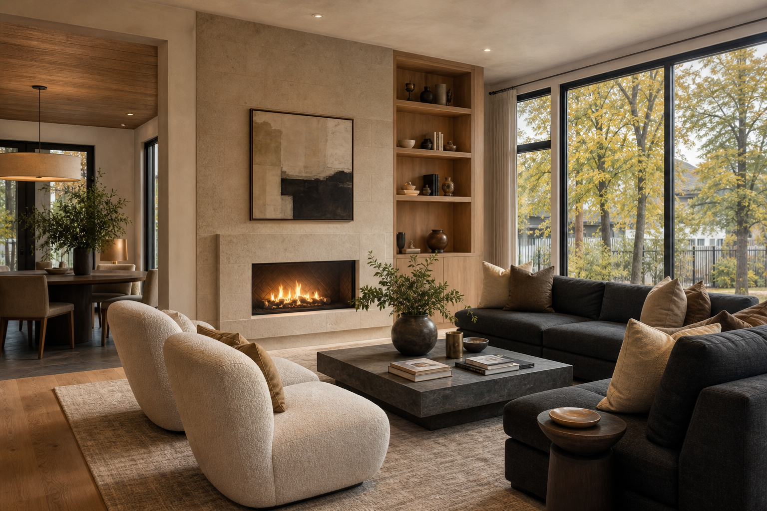 Refined limestone and white-oak interior in a Calgary luxury residence — editorial illustration.