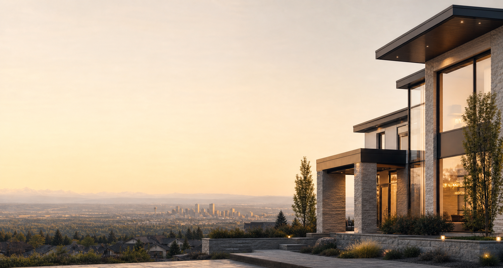 Calgary luxury residence at dusk — editorial illustration.
