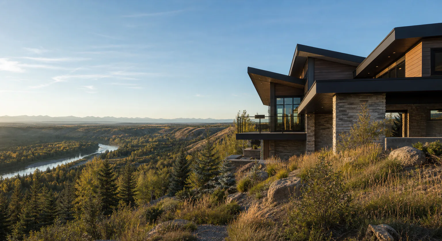Editorial image — foothills estate landscape west of Calgary