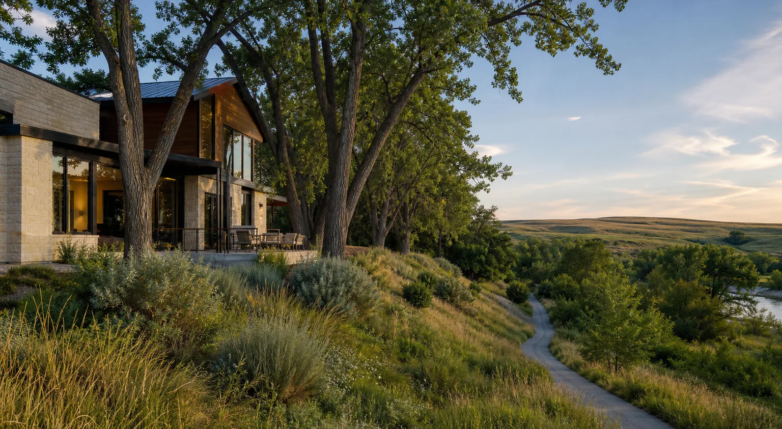 Editorial image — a riverside estate home in a master-planned community south of Calgary near Okotoks